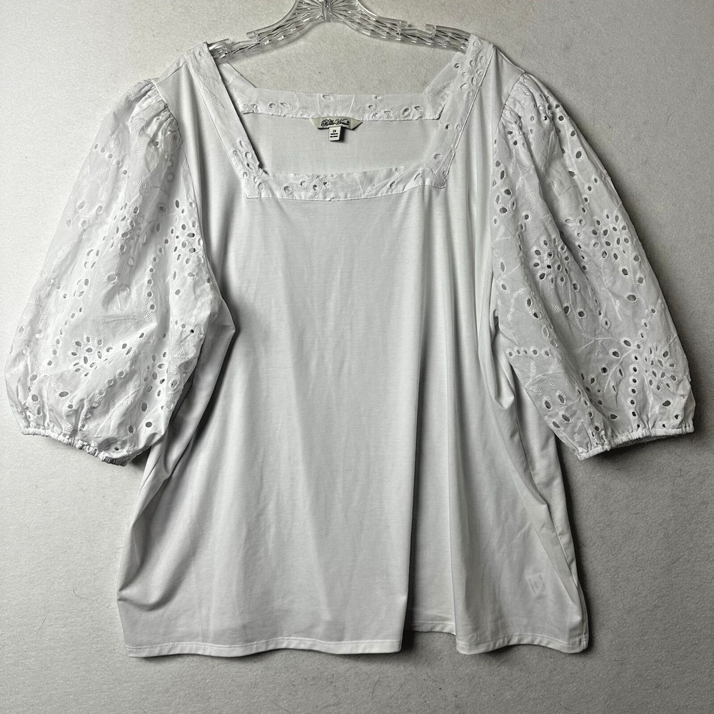 The Pioneer Woman White Eyelet Balloon Sleeve Square Neck Top Plus Size 2X